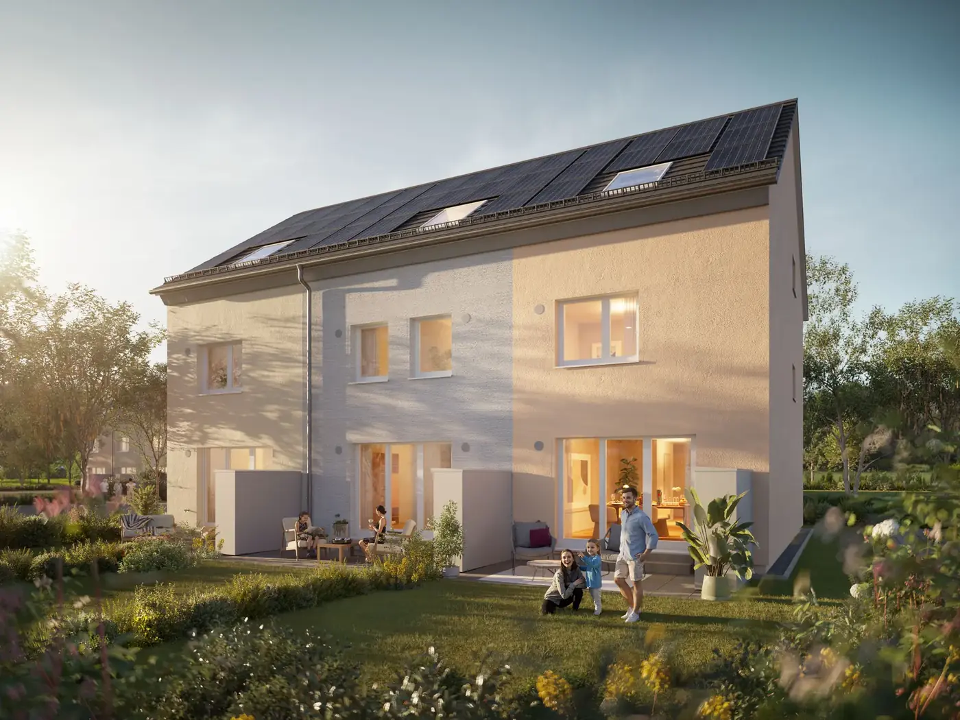 Gartenperspektive der Reihenhäuser